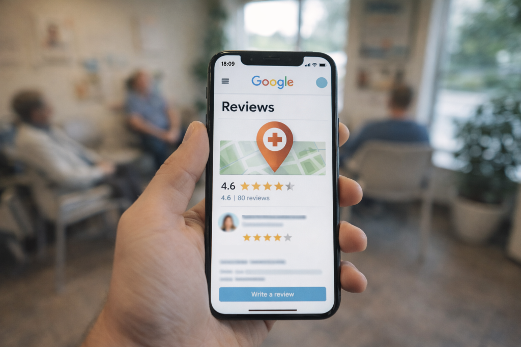 Google reviews op telefoon in huisartsenpraktijk